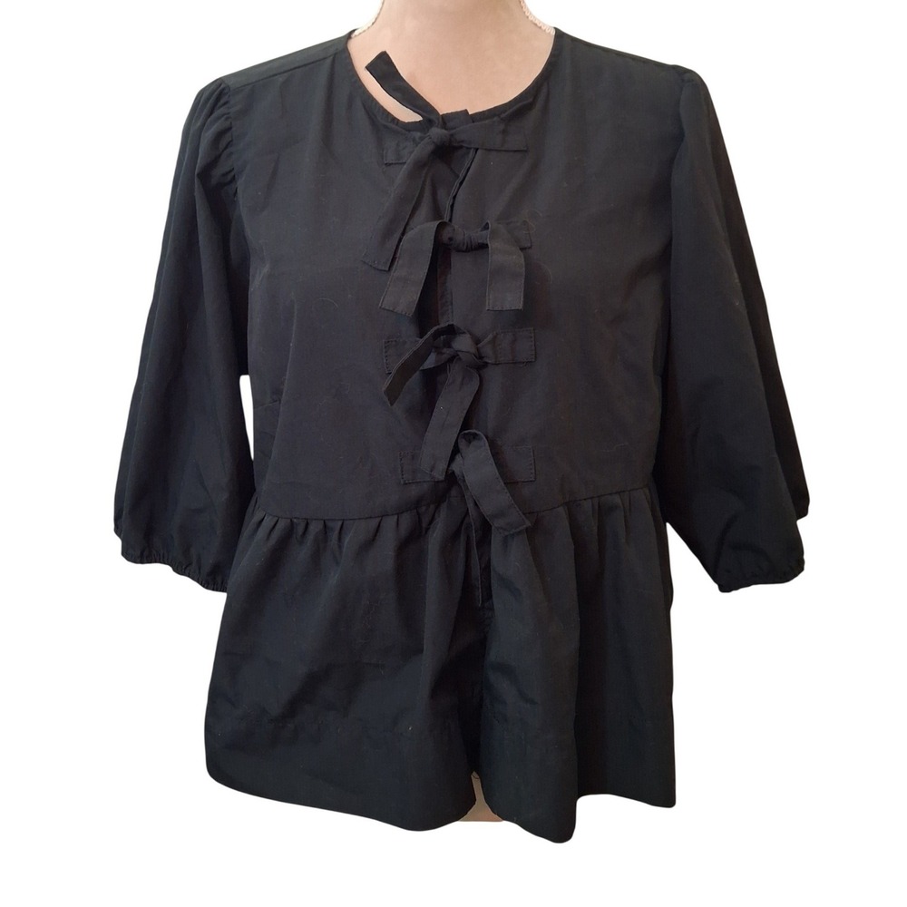 Velvet Heart Los Angeles Black Tie Front Peplum Puff Sleeve Top Large